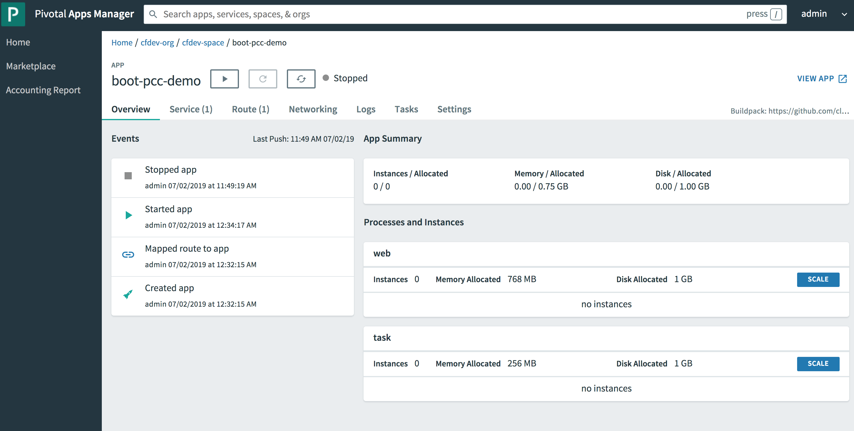 pcfdev appsmanager org space app overview