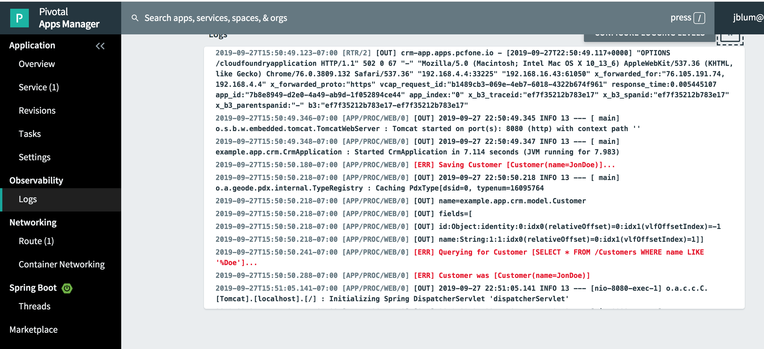 pvtl appsmanager org space apps crm app logs output