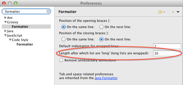 Groovy -> Formatting preferences page
